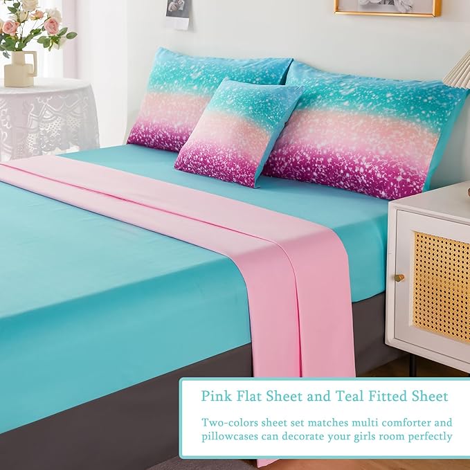URBONUR 6Pcs Glitter Comforter Set for Girls Twin Size Gradient Tie Dye Purple Blue Bedding Set Comforter with Sheet Set, Ultra Soft and Breathable Kids Bed Set for Teen Girl