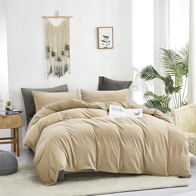 Cottonight Cream Coffee Velvet Comforter Set California King Khaki Bedding Comforter Set Dark Champagne Brown Solid Blanket Quilts Flannel Modern Winter Warm Taupe 3 Piece Light Coffee Bedding Set