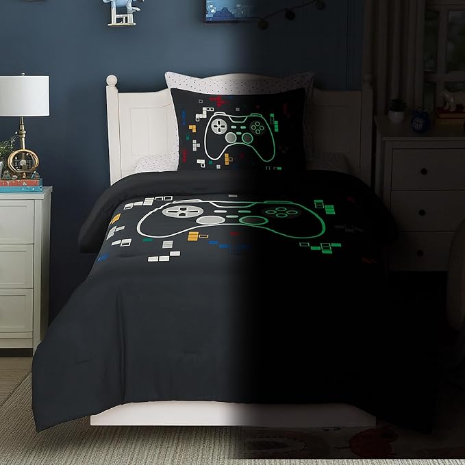 Twin Comforter Set for Boys-5 Pieces Gamer Glow in The Dark Twin Bedding Sets for Kids, Ultra Soft Bed in A Bag with Sheets