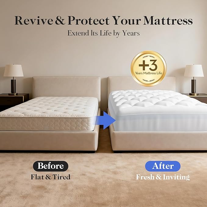 OhGeni Cooling 4 inch Dual Layer Queen Mattress Topper, 2 inch Cooling Gel Memory Foam, 2 inch Down Alternative Pillow Top Pad, Mattresses Cover for Bed, Medium Support, Fits 6”-19” Deep Pocket