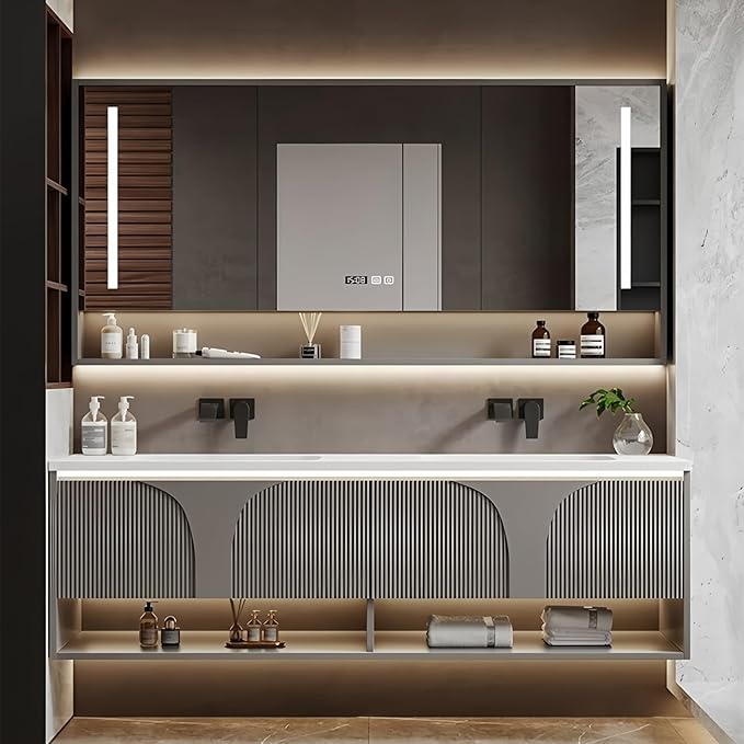 Double Bathroom Vanity with Sink, 84IN Floating Bathroom Vanity Set with LED Smart Defogging Mirror Cabinet and Open Shelf, Oak Wood Bathroom Cabinet with Two Drawers and Bottom Open Storage (Grey)