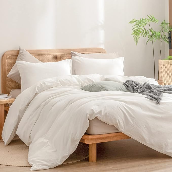 BESTOUCH Duvet Cover Set 100% Washed Cotton Linen Feel Super Soft Comfortable Chic Lightweight 3 PCs Home Bedding Set Solid Off White Super King