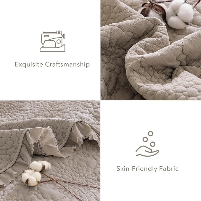 QSH 3PCs Linen Feel Oversized King Quilt Bedspread Set(120"x120"),Stonewashed Cotton Ruffled Quilt California King,Ultra Soft Lightweight Crinkle Shabby Bedspread Coverlet Bedding Set for All Seasons
