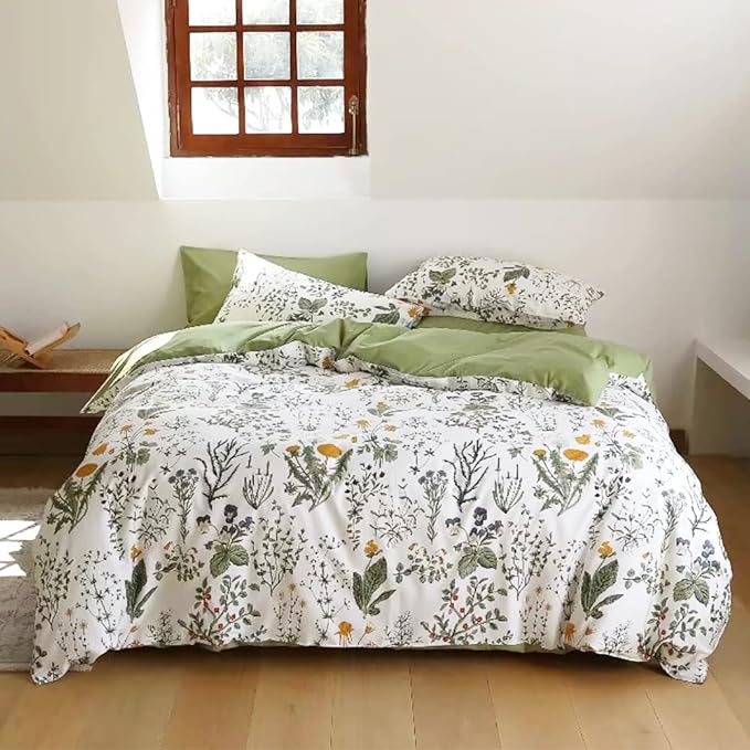 KAREVER Botanical Comforter Set Full White and Sage Green Floral Plant Bedding Set Garden Pattern Printed on White Reversible Blanket 3 PCs 1 White Comforter 80"x90" and 2 Pillowcases