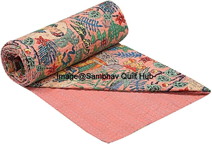 Floral Printed Cotton Quilted Blanket Indian Handmade Bedspread Kantha Work Bohemian Bed Decor Throw Blanket Twin/King/Queen (Twin 60"x90" with Pillow Cover)