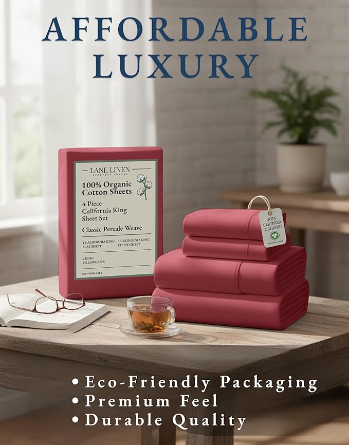 LANE LINEN 100% Organic Cotton California King Sheets Set, 4-Piece Pure Organic Cotton Long Staple Percale Weave Soft Best Bedding Sheets for Bed, Breathable, Fits Mattress Upto 15" Deep - Mineral Red