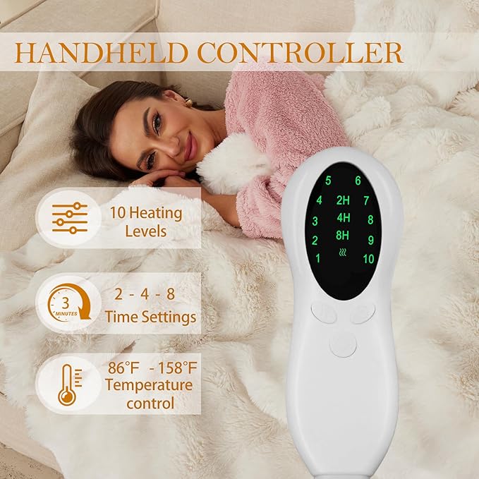 Faux Rabbit Fur Electric Blanket Throw 51"x63" – Heated Blanket with 5 Heat Settings, Timer & Digital Display, Fast Heating, Machine Washable Bubble Plush Heating Throw（White