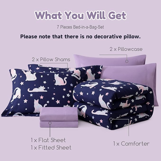 Full Size Comforter Set for Girls-7 Pieces Cute Cat Full Bedding Sets for Kids, Ultra Soft Bed in A Bag with Sheets