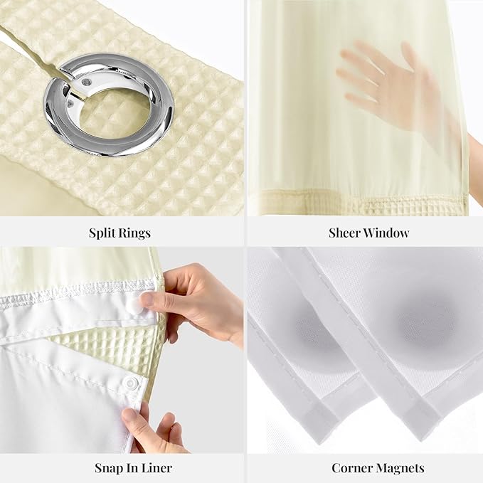River Dream Cream Fabric Shower Curtain Set, Cotton Blend, Waffle Weave, with Snap in Replacement Liner，71 x 86 inches