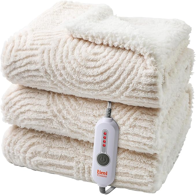 Heated Throw Blanket Electric - 50"x60" Cozy Soft Jacquard Heating Blanket with 4 Heat Levels & 4 Hours Auto-Off, Electric Throw with Overheating Protection, Warm Gifts, Cream