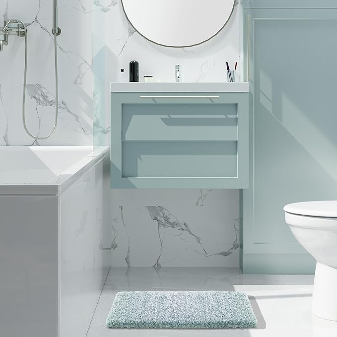 Yimobra Bathroom Rugs Non Slip Washable, Ultra Soft and Water Absorbent Bath Mats, Plush Fluffy Shower Mat Outside, Microfiber Thick Matts for Bathroom Floor/Sink, 24x17, Sky Light Blue and White