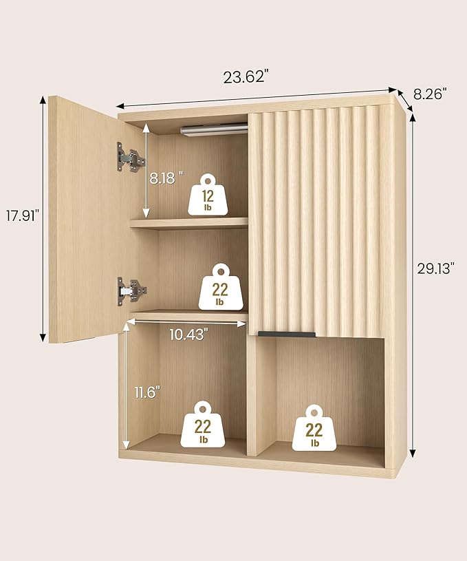 HAIOOU Fluted Bathroom Wall Cabinet with Motion Sensor Light, Curved Profile Wooden Medicine Cabinet Wall Mounted Cupboard, Wave Like Over Toilet Storage Cabinet with Buffering Hinges - Natural