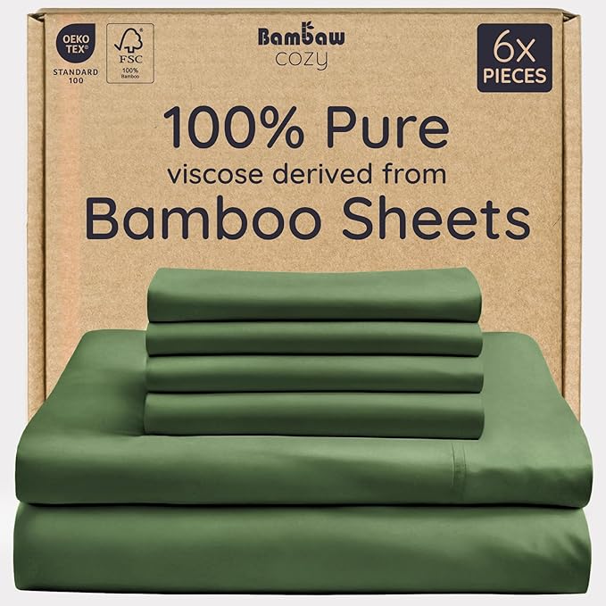 Bambaw 100% Viscose Derived from Bamboo Sheets King Size Set – 6pcs Set of Cooling Sheets for Hot Sleepers, Fits Up to 16'' Mattresses, Super Soft & Luxury Bedding Sets King (Olive)