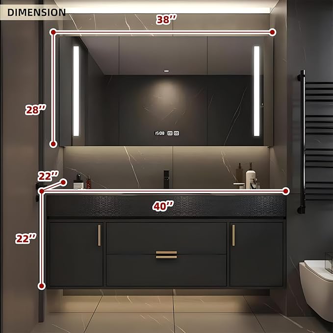 Bathroom Vanity, Floating Bathroom Vanity with Single Sink, Solid Wood Bathroom Vanities Includes LED Smart Defogging Mirror Cabinet & One-Piece Sink, Modern Vanities with 2 Drawer Storage (Black,40")