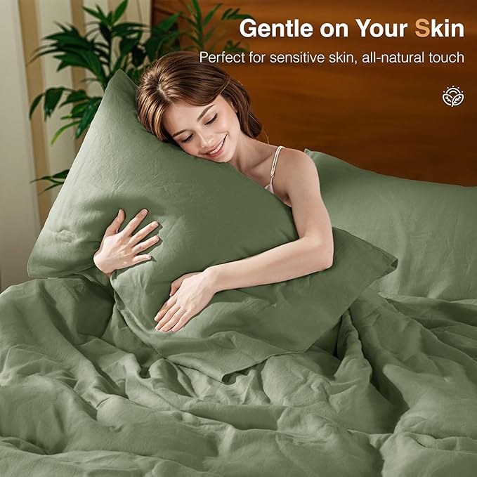 SONORO KATE 100% French Linen Duvet Cover King Size, Soft Breathable for Hot Sleepers, Moisture Wicking & Durable Cover Set - Zipper Closure & 4 Corner Ties Duvet Covers 3 Piece (Olive Green,King)