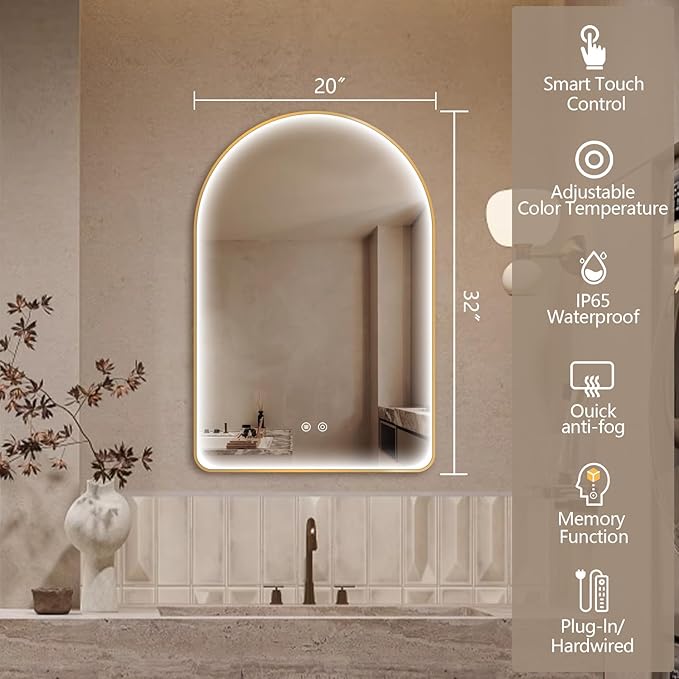 Niccy Arched LED Bathroom Mirror, 32"x20" Gold Framed Arch Wall Lighted Mirrors, Arching Frontlit Vanity-Mirror with Memory Function for Bathroom Bedroom, Defogger and 3 Color, Explosion-Proof