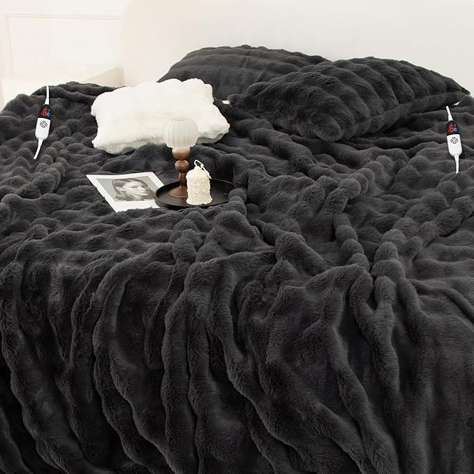 Faux Rabbit Fur Bubble Heated Blanket Queen Size Dark Grey - Fluffy Thick Electric Blanket with Dual Control, 6 Heating Levels & 10 Timer Settings, Overheat Protection, Home Decor (84" x 90")