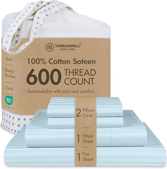 Threadmill 100% Cotton Sheets for Cal King Size Bed - 600 Thread Count Cal King Bed Sheets Set with 16” Deep Pocket - Damask Stripe Sateen Weave 4-Piece Bedding Set with Cooling Effect, Blue
