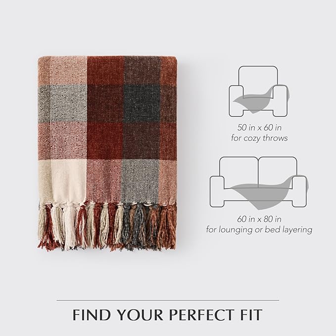 EVERGRACE Plaid Chenille Throw Blanket for Couch, Super Soft Cozy Decorative Fall Throw Blanket with Tassels for Bed Sofa Gift, Lightweight Harvest Plaid Throw Blanket for Autumn 60"x80"
