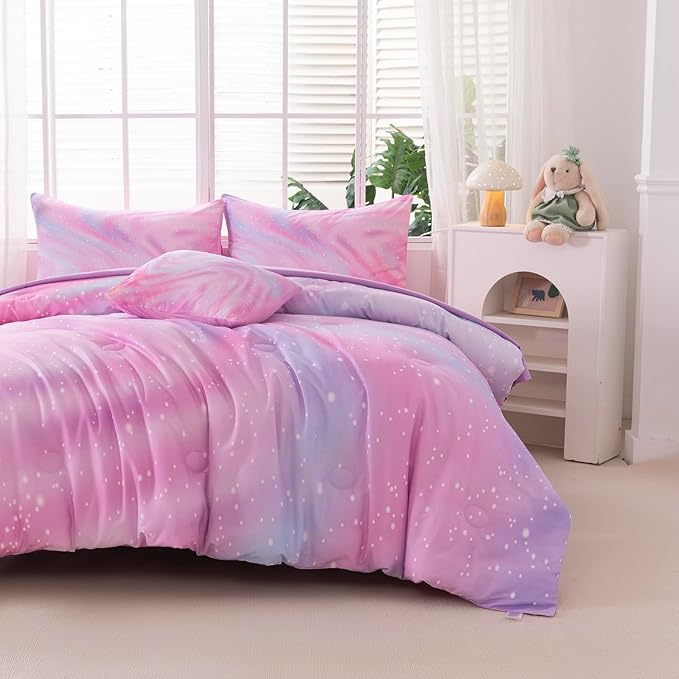 4Pcs Rainbow King Comforter Set Girls Kids, Pink Kids Bedding Sets King Size Stars Glitter Soft & Breathable Kids Bed for Gift Bedroom Decor