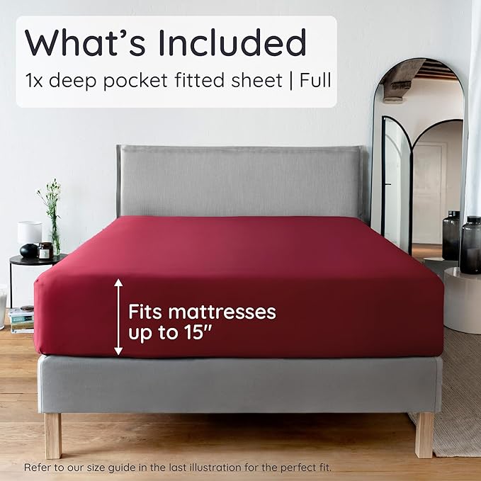 Bambaw 100% Viscose Derived from Bamboo Fitted Sheet Only, Full Size Fitted Bed Sheets Only, Cooling Fitted Sheet Full Size, 15’’ Deep Fitted Sheet with Straps, Soft Fitted Full Sheet Only (Burgundy)