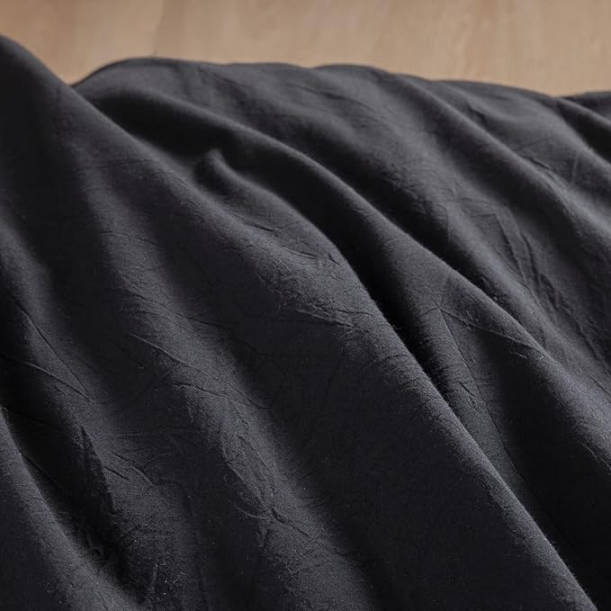 BESTOUCH Duvet Cover Set 100% Washed Cotton Linen Feel Super Soft Comfortable Chic Lightweight 3 PCs Home Bedding Set Solid Deep Black Oversized King