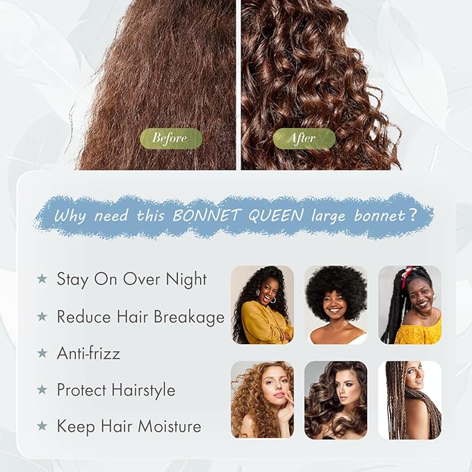 BONNET QUEEN Silk Bonnet for Sleeping Women Big Satin Bonnet Night Sleep Cap Wrap for Curly Hair with Adjustable Tie Band, Single Layer, Large, Light Blue