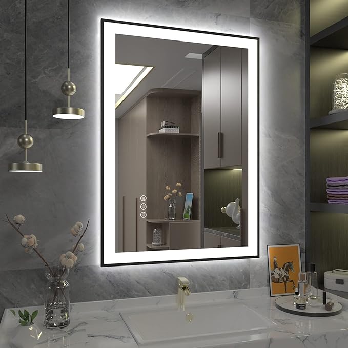 SMIROR 22 x 30 LED Lighted Bathroom Mirror for Wall, Matte Black Framed Vanity Mirrors, Front and Backlit, Dimmable, Anti-Fog, Memory, Shatterproof, ETL Listed (Horizontal/Vertical)