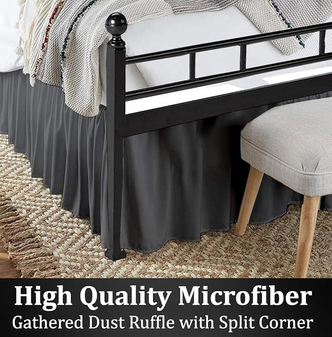 Ruffled Bed Skirt with Split Corners, Dark Grey, Queen 18 Inch Drop Bedskirt, Hotel Quality Brushed Microfiber Wrinkle Free Dust Ruffle Bed Skirt Queen Size