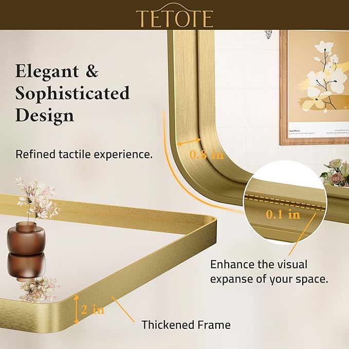 TETOTE 48 x 36 Inch Gold Bathroom Mirror, Champagne Gold Brushed Metal Framed Modern Vanity Mirror, Brushed Brass Rectangle Decorative Wall Mirrors Shatterproof (Horizontal/Vertical)