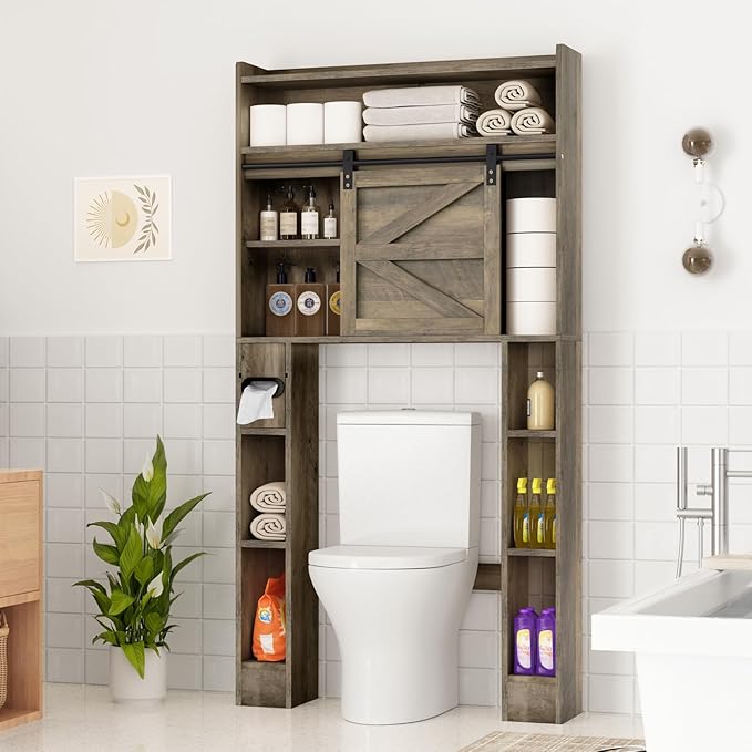 Over The Toilet Storage Cabinet, 32.5'' Wide Bathroom Storage Cabinet with Sliding Barn Door, Freestanding Over Toilet Storage Shelf, Grey
