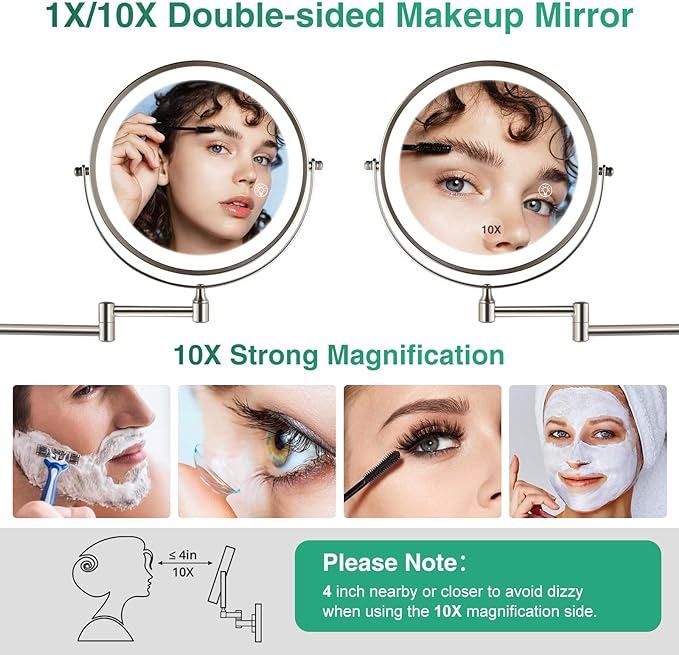 Rechargeable Wall Mounted Makeup Mirror Brushed Nickel, 8.5'' Magnifying Mirror with Lights Double-Sided 1X/10X 360° Rotation Extension Bathroom Shaving Mirror with Foldable Arm