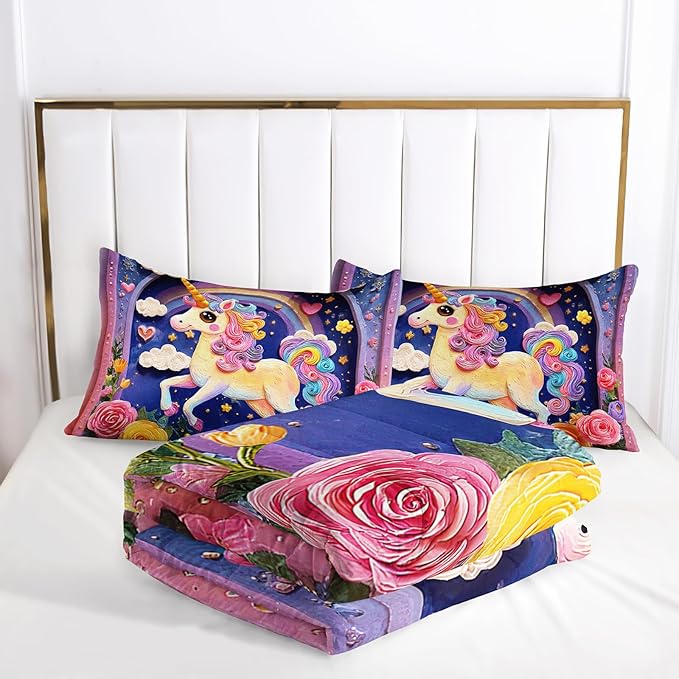 Pink Purple Rainbow Unicorn Flower Comforter Set Full for Kids Girls，Girls Unicorn and Rainbows Bedding Sets Full，with 1 Comforter with 2 Pillow Case，Unicorn Bedroom Decor and Bedding Set