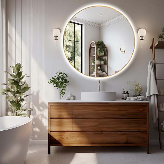 Niccy 44" LED Backlit Round Mirror for Bathroom, Gold Framed Vanity Light Wall Mirror LED Smart Circle Mirrors with 3 Lighting Colors, Dimmable Lighted Mirror with Anti-Fog, IP65 Waterproof
