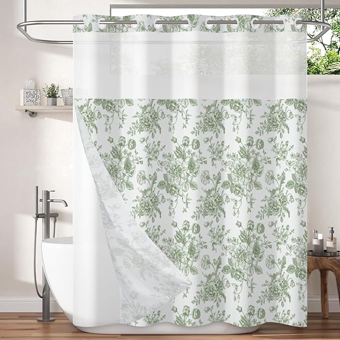 Floral Shower Curtain No Hooks with Snap in Fabric Liner Set,Spring Farmhouse Shower Curtain Hotel Bathroom Decor,with See Through Top Window,Green Flowers Fabric Waterproof,71x74 Inch