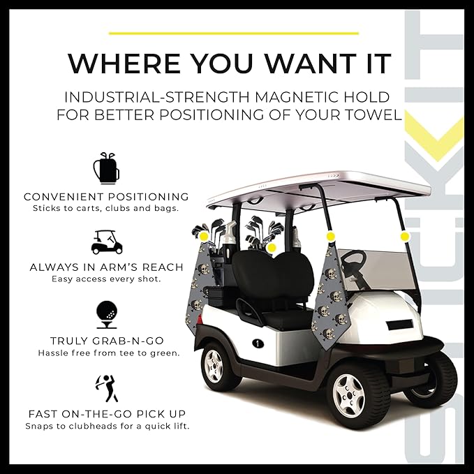 STICKIT The Original Magnetic Golf Towel with Gray Skulls | Top-Tier Microfiber Golf Towel with Deep Waffle Pockets | Industrial Strength Magnet for Strong Hold to Golf Carts or Clubs