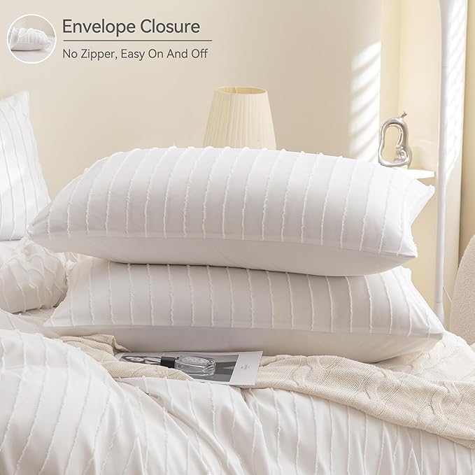 JELLYMONI Duvet Cover Twin Size White - 3PCS Boho Striped Duvet Cover Set Polyester Tufted Bohemian Textured Comforter Cover 68×90in with Corner Ties & Zipper and 2 Pillowcases