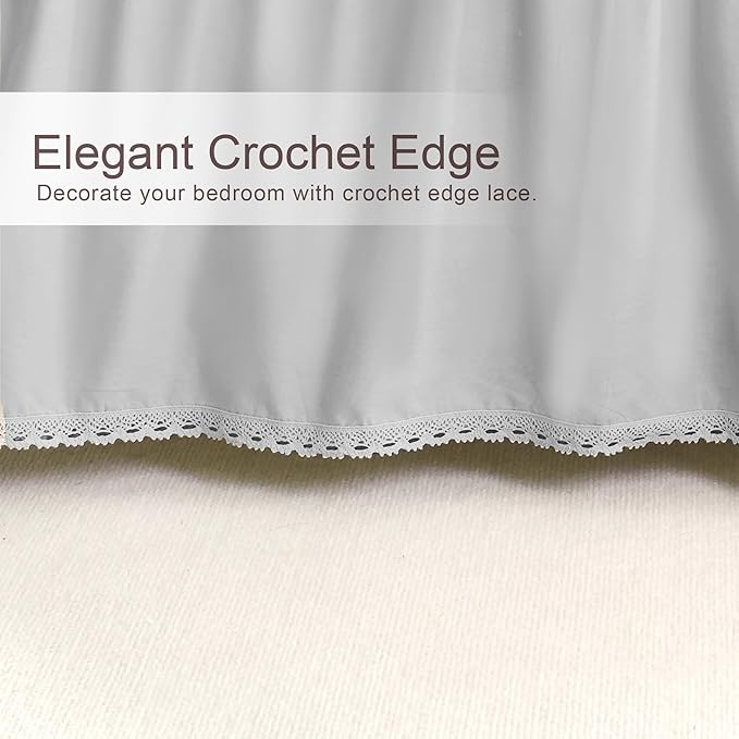 Queen Size 14 inch Drop Light Grey Dust Ruffle, 100% Lightweight Cotton Ruffled Bed Skirt, French Coutry Style, Lace Ruffled Bed Skirt with Split Corners