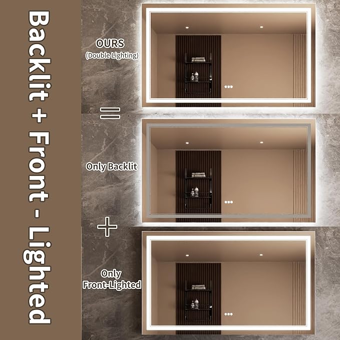Bathroom Mirror with Lights 36"X60" with Front Light and Backlit, Tempered Glass, Wall Mount Horizontal/Vertical, Stepless Dimmable, 3 Colors, Anti Fog, Bathroom Memory LED Mirror