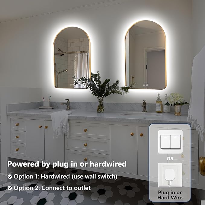 Niccy Arched LED Lighted Bathroom Mirror, 36x24 Inch Backlit Vanity Bathroom Mirror with Lights Brushed Gold Framed Wall Mounted Mirrors with 3 Color Shatterproof Arch Smart Fog Free Mirror