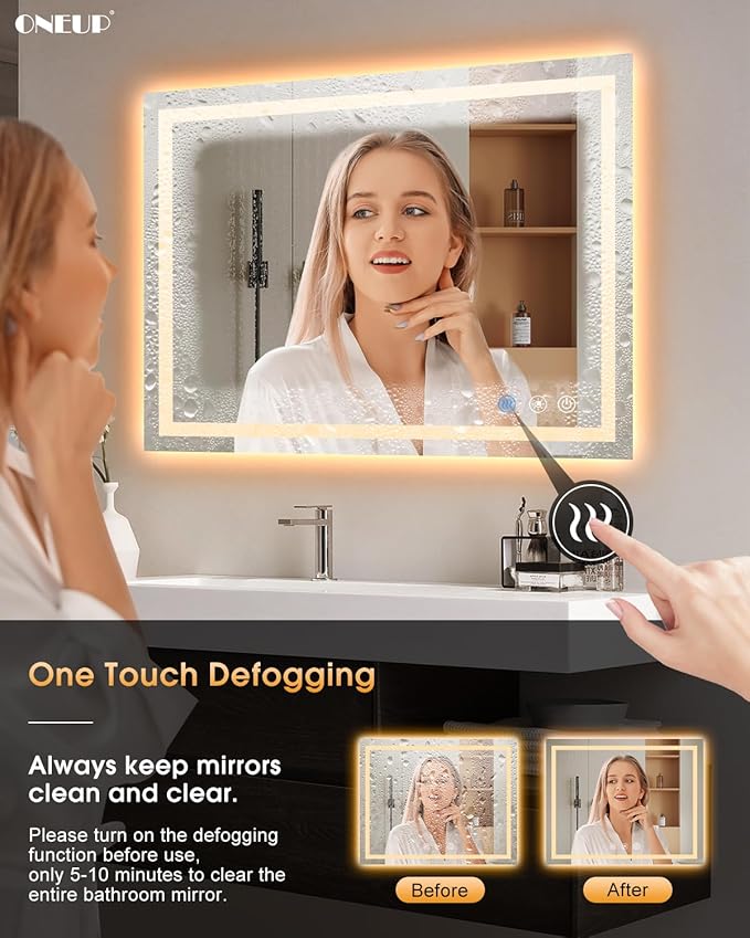 oneup 40x32 Inch LED Bathroom Mirror,RGB Color Changing Bathroom Mirror with Lights,Anti-Fog Wall-Mounted Vanity Mirrors,Smart Dimmable Multicolor Lighted,IP54 Waterproof (Horizontal/Vertical)