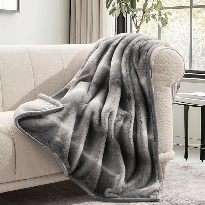 EVERGRACEHOME Ultra Soft Luxury Fluffy Mink Faux Fur Throw Blanket, Thick Warm Fall Winter Blankets for Bed, Couch, Cozy Plush Reversible Blanket for Chair, Sofa (Ombré Silver Onyx, 60"x80")