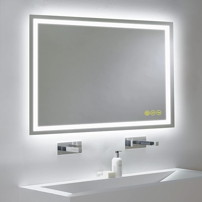 Wall-Mounted LED Square Bathroom Mirror, Makeup Mirror (36inches x 30inches,) 3 Color Stepless Dimmable Memory Bathroom Vanity Mirror with Lights CRI90+ 3000-6400K Smart Mirror with Touch