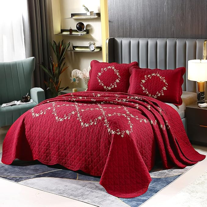 vctops 3-Piece Christmas Red Floral Embroidered Bedspread Coverlet Set 100% Cotton Reversible Patchwork 1 Quilt and 2 Pillow Shams Full/Queen, Red