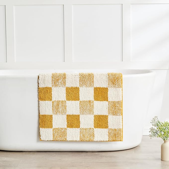 CozeCube Bath mats for Bathroom Non Slip, Fluffy Absorbent Microfiber Bath mat Washable, Aesthetic Bathroom Rugs, Small Harvest Gold Checkered Bath mat, Harvest Gold, 24" x 16"