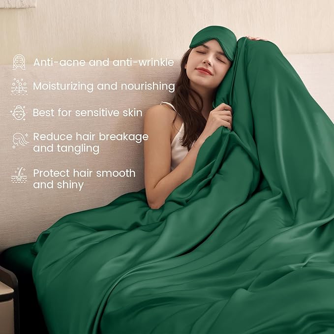 THXSILK 100% Pure Mulberry Silk Duvet Cover Set 3 Piece, 6A+ Grade Luxury Soft Bedding Silk Sheets for Hair and Skin, 1 Pcs Quilt/Comforter Cover with 2 Zippered Pillowcases (Emerald Green, Cal. King)