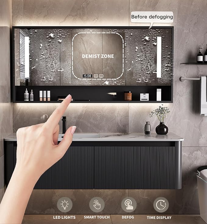 Bathroom Vanity Cabinet, 36" Bathroom Vanity with Sink & Intelligent Defog LED Mirror, Solid Wood Float Vanities, Wall-Mount Bathroom Cabinet with Drawer, Undermount Single Sink, Faucet, Drain(Black)