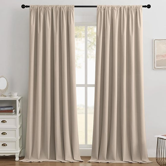Joydeco Beige 100% Blackout Curtains 120 Inch 2 Panels, Luxury Thermal Beige Velvet Curtains for Bedroom Living Room, Soundproof Blackout Window Drapes, Rod Pocket & Back Tab (52W x 120L)