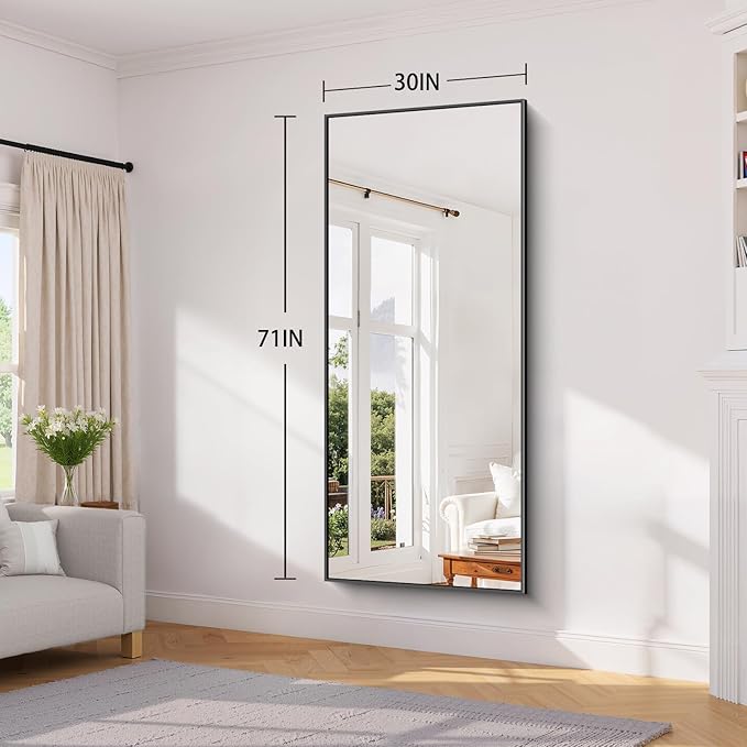 Koonmi Black Framed Bathroom Mirror - Shatterproof 30"x71" Tempered Glass, HD No Distortion, Horizontal/Vertical Mount, Modern Matte Aluminum Alloy Frame