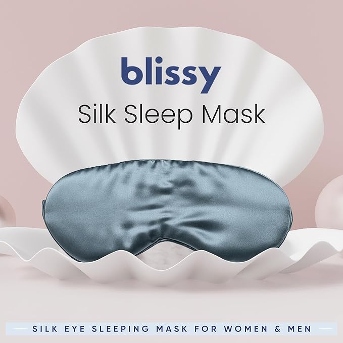 Blissy Silk Sleep Mask - Eye Sleeping Mask for Women & Men for Total Blackout - 100% Pure Mulberry Silk, 22 Momme 6a Fibers - Blindfold Sleep Mask Side Sleeper Eye Cover (Ash Blue)
